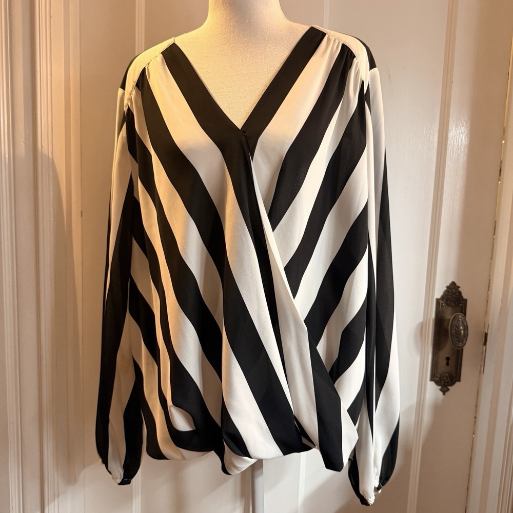 INC Black & Off-White Deep V Neck Striped Wrap Style Blouse - Size XL